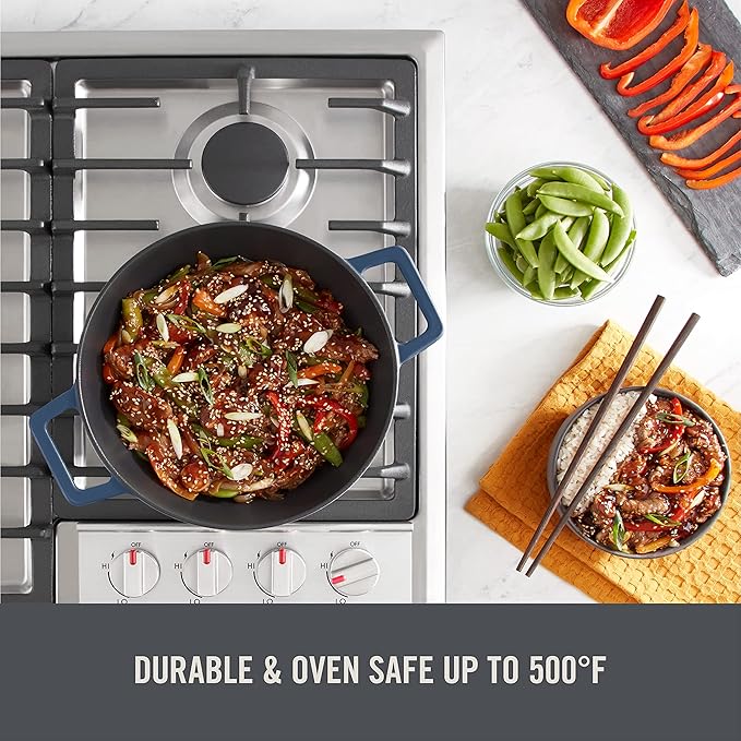 Zakarian By Dash 14” Nonstick Cast Iron Wok for Restaurant Quality Stir Fry, Seafood, Deep Frying, and Steaming - Blue