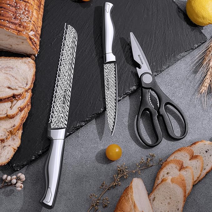 Knife Set, Astercook 15 Pieces Kitchen Knife Set with Built-in Sharpener, German Stainless Steel Knife Block Set, Razor-Sharp Knives with Full-tang Handle, Dishwasher Safe, Valentine's Gift
