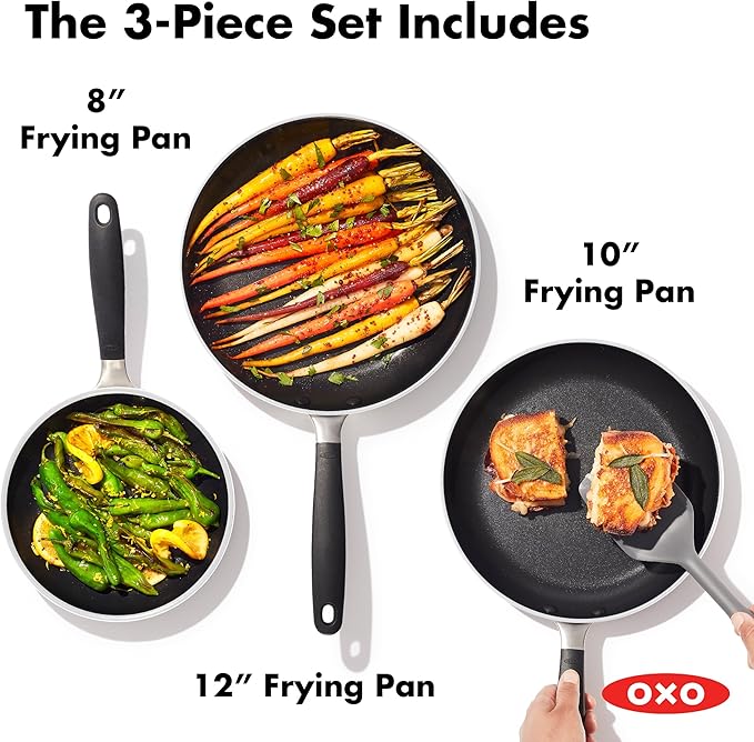 OXO Non-Stick Every Day Frying Pan Set, BPA-Free Comfort Grip Silicone Handles, Dishwasher & Oven Safe, PFAS-Free Ceramic Skillets, Black, 8”, 10” & 12”