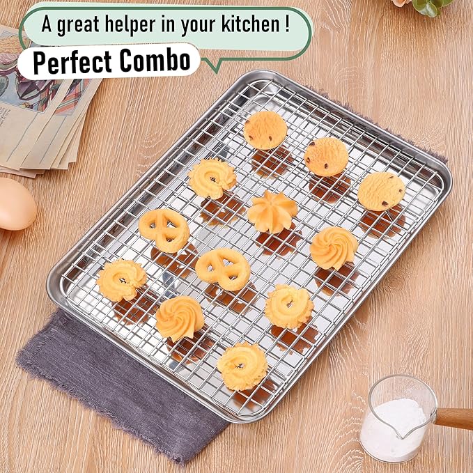 Baking Sheet with Wire Rack Set (1 Pan+1 Rack), Homikit 12" x 10" Stainless Steel Quarter Sheet Pan with Grid Cooling Rack for Toaster Oven Roasting, Metal Bacon Cookie Trays Nonstick Jelly Roll Pan