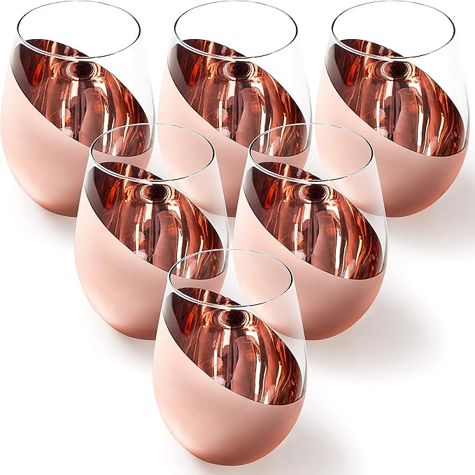MyGift Stemless Wine Glasses Set of 6 - Copper Metallic Bottom Angled Design, Modern Barware for Red & White Wine, Dishwasher Safe Entertaining Glasses