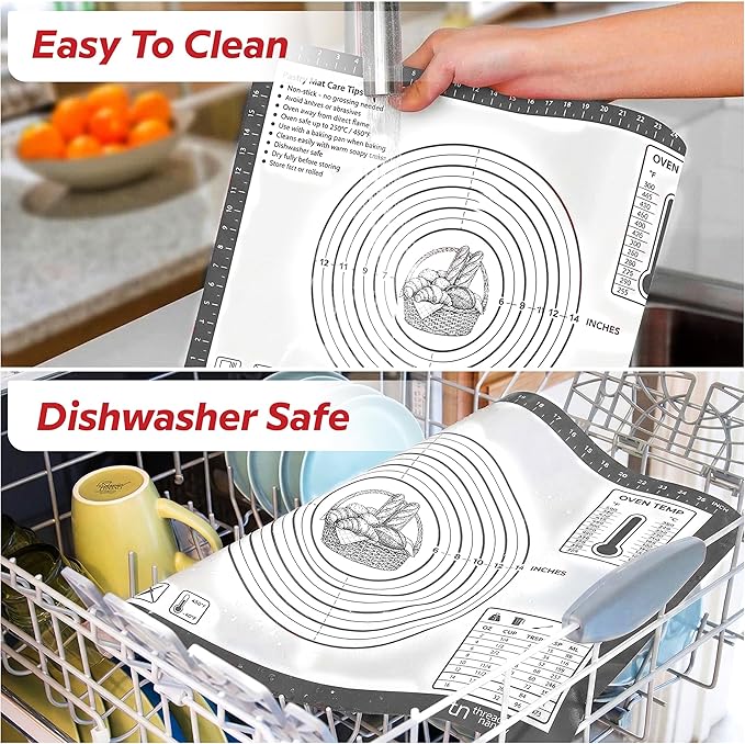 ThreadNanny Silicone Baking Pastry Mat Extra Large 28x20 - Non-Stick Non-Slip Rolling Mat for Dough with Measurements - Bread, Pizza, Pie Crust, Cookies, Fondant - Oven Safe, Dishwasher Safe (Grey)