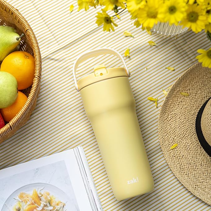 Zak Designs Sutton Travel Tumbler for On the Go, 30oz Stainless Steel with Vacuum Insulation, Straw Spout, Carry Handle for Cold Drinks (Vanilla Yellow)