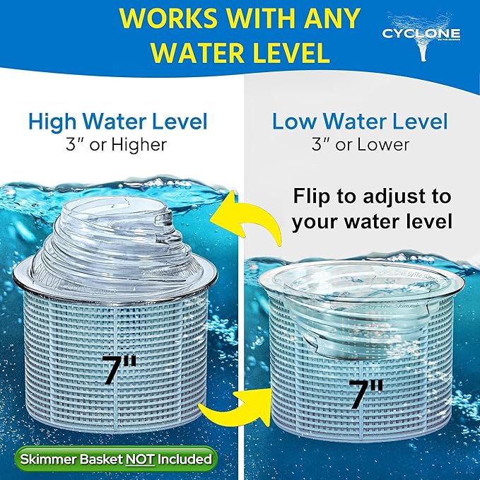The Skimmie Cyclone (Skimmer Basket NOT Included) - Turbocharges Pool Skimmer Water Flow - Improves Pool Surface Cleaning & Debris Removal - 7" Funnel Design Works with Any Pool Water Level