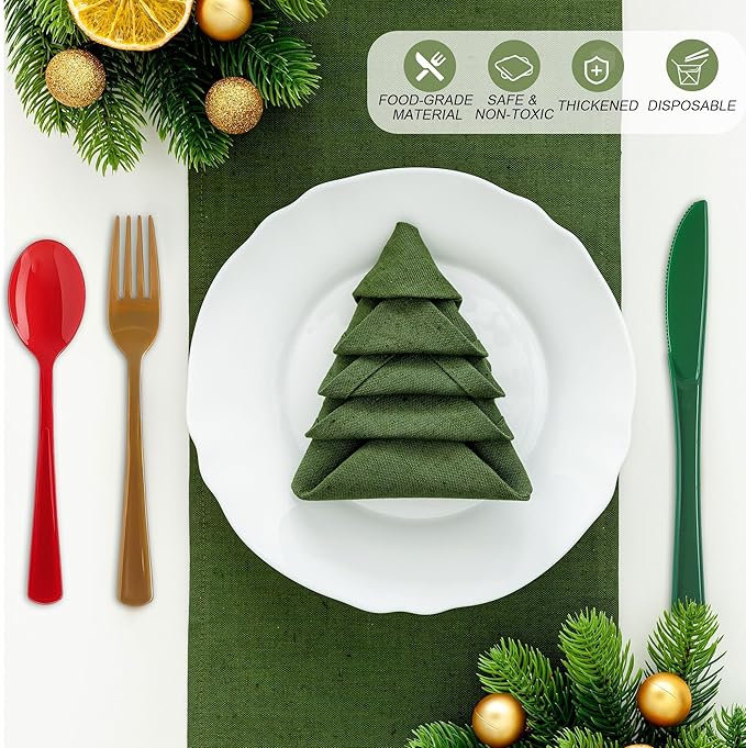 Kochorie 300 Pieces Christmas Plastic Silverware Heavy Duty Plastic Cutlery Set Heavyweight Disposable Flatware Includes Christmas Spoons Forks Knifes for Christmas New Year Party