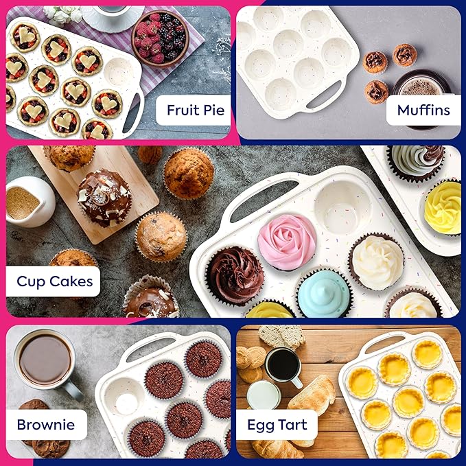 RICCLE Silicone Muffin Pans for Baking with Metal Reinforced Frame, 12-Cup Cupcake Pan, 2 Pcs Muffin Trays for Cupcake Baking, Tray Molds, Oven & Dishwasher Safe, BPA-Free