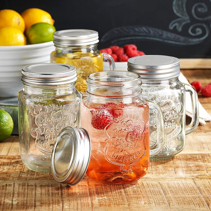 Glaver's Mason Drinking Jars – Set of 4, 15.25 Oz Clear Glass Jar with Handle and Lid. – Ice-Cold Drink Glassware Logo – Glass Mugs Ideal for Cold Beverages, Juice, Smoothie, Cocktails.