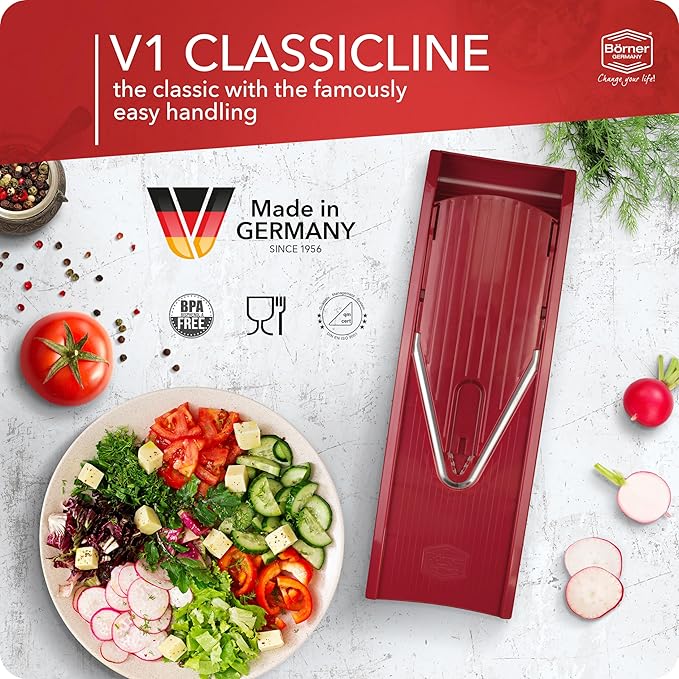 Börner Mandoline Slicer V1 (Basis Set) • V-Slicer with 2 Inserts & Fruit Holder • Adjustable Kitchen Slicer for Vegetables & Fruits • Vegetable Cutter • 3 Thickness Settings • Color: Red