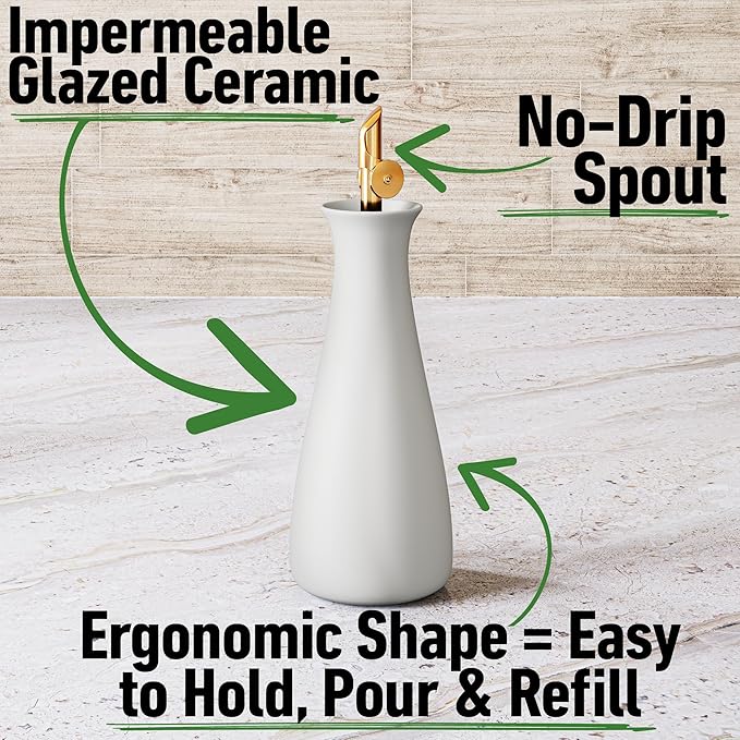 Ceramic Olive Oil Dispenser with Self-Closing Gold Spout - 530 ML Capacity Matte White Ceramic Oil Dispenser for Kitchen - Leak Proof EVOO Dispensing Bottle - Stylish, Ergonomic, Durable, Easy Pour