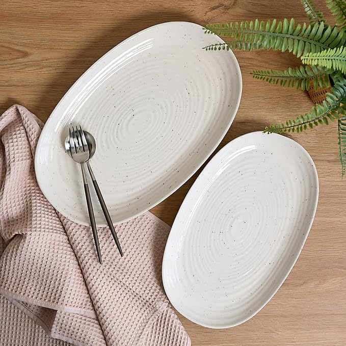 SANGO Siterra 2-Piece Speckled Stoneware Serving Platter Set for Easter - Large & Medium Ceramic Platters with Glossy Rustic Glaze, White Serving Dishes for Entertaining, Microwave and Dishwasher Safe