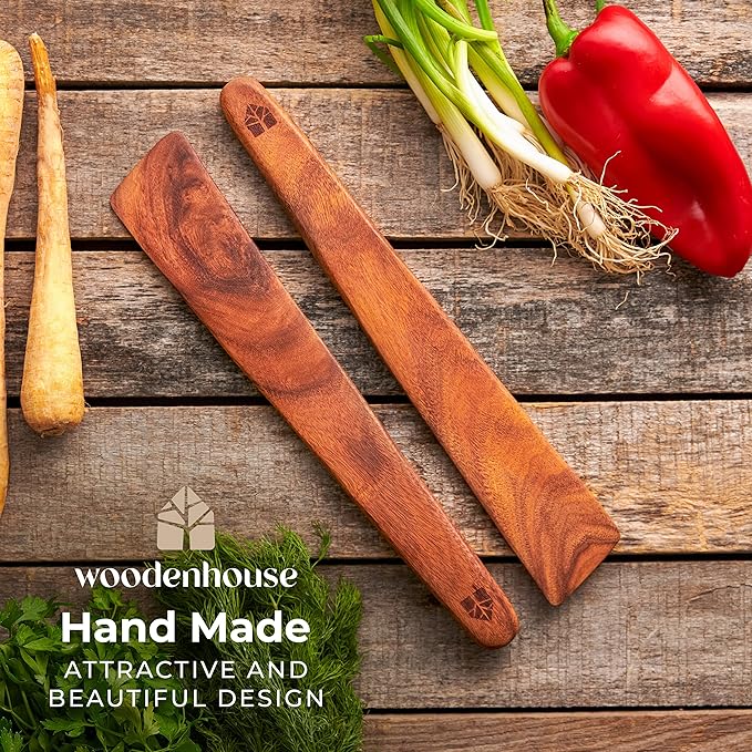 Wooden Spatula for Cooking Set of 2 – 12 Inch Teak Spatula Turner & Flipper for Cast Iron, Flat Egg & Pancake Scraper – Utensils by Woodenhouse