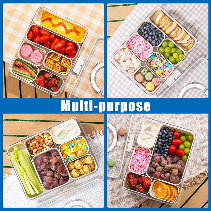 Bandesun Divided Serving Tray with Lid and Handle - Snackle Box Charcuterie Container for Portable Snack Platters - Ideal for Party and Entertaining - Clear Organizer for Candy, Fruits and Nuts