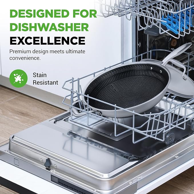 NutriChef 12" Stainless Steel Wok - Induction ready, Non Stick Tri-ply technology, Scratch-resistant Honeycomb Fire Textured Pattern