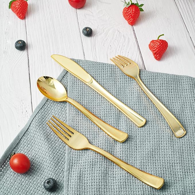 FOCUSLINE 75 Pack Gold Plastic Silverware Disposable Cutlery Set - 25 Forks Knives Spoons - Disposable Flatware Heavy Duty Plastic Utensils Set for Catering, Parties, Dinners, Weddings
