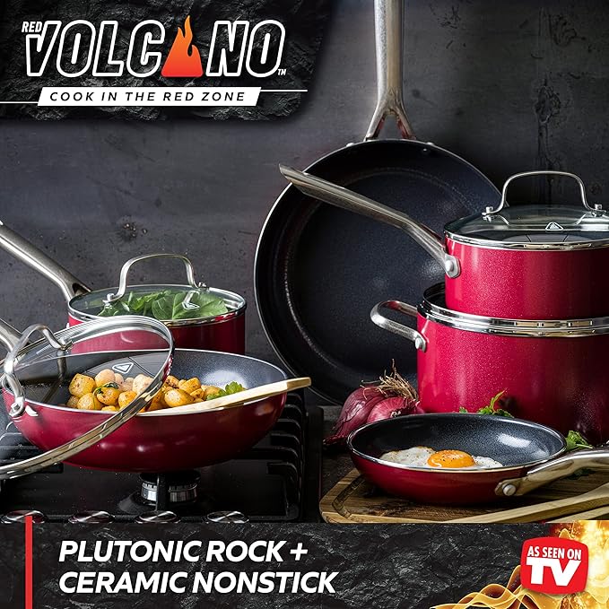 Textured Ceramic Nonstick, 14 Piece Cookware Pots and Pans Set with Stainless Steel Handles, PFAS PFOA & PTFE Free, Dishwasher Safe, Oven & Broiler Safe to 600 Degrees, Red
