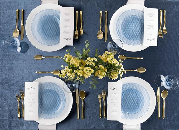 PLASTICPRO 64 Pack Plastic Dishes Set of 32-10 inch Plates and 32-7 inch Plates, Elegant Translucent Blue Disposable Fancy Tableware Premium Heavyweight