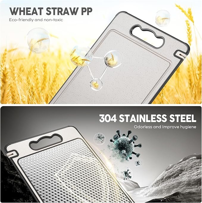 Double Sided 304 Stainless Steel & Wheat Straw Cutting Board, Non Toxic Chopping Board, Dishwasher Safe, Scratch Resistant Mesh Design, 16"*11"with 14.4"*9.8"