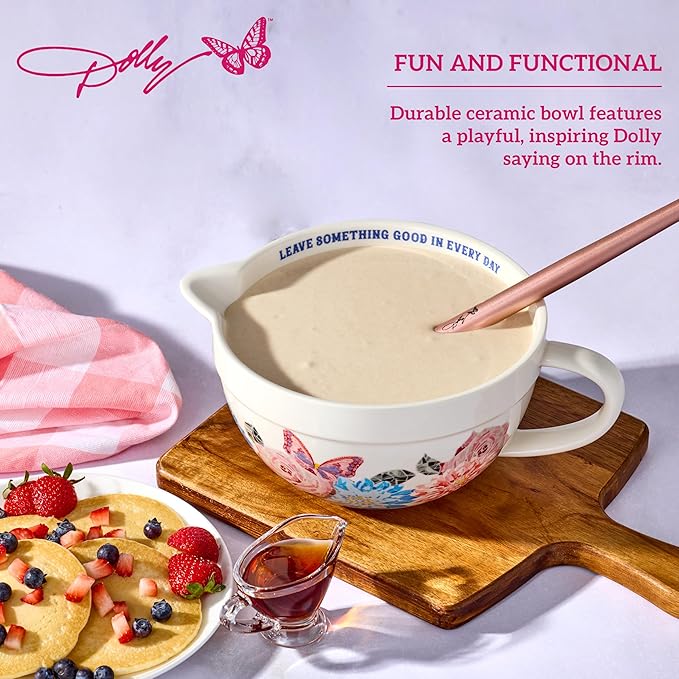 Dolly Parton Ceramic Batter Bowl, Mosaic Design with Inspirational Quote, Capacity, Spout and Handle, Dishwasher Safe, 2.5 Quart