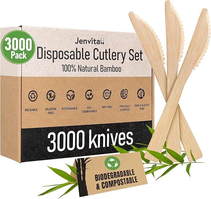 100% Bamboo Knives Set - Biodegradable Cutlery Sets (3000 Eco Friendly Knives) | Bamboo Silverware Disposable or Reusable | Compostable FSC Certified Flatware for Weddings, Camping & Parties