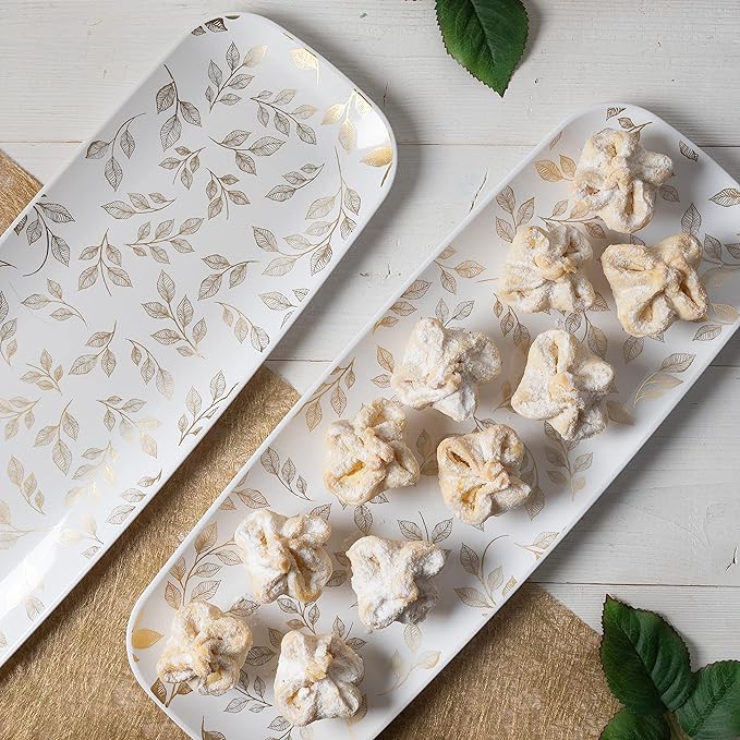 Plasticpro Plastic Serving Trays - White Serving Platters with Organic Floral Design Rectangle 5 X 17.5 Disposable Party Dish Pack of 4