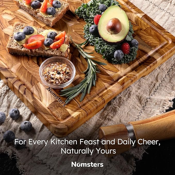 Teak Wood End Grain Cutting Board for Kitchen with Non-slip Feet, Heavy Duty Checkered Cutting Board Handcrafted Luxury Chopping Board for Cooking and Serving Wooden Butcher Block Non Toxic