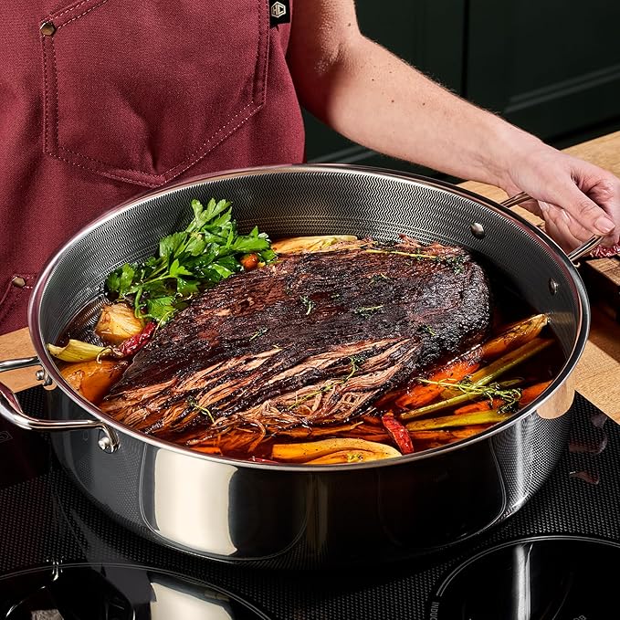 HexClad Hybrid Nonstick 10-Quart Deep Sauté Pan with Tempered Glass Lid, Stay-Cool Handle, Dishwasher-Friendly, Oven-Safe Up to 900°F, Induction Ready, Compatible with All Cooktops