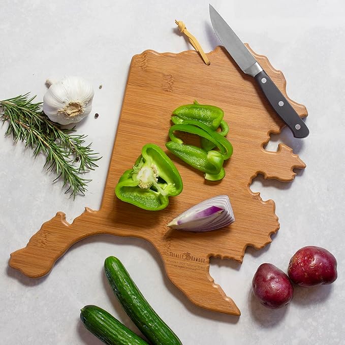 Totally Bamboo Alaska State Shaped Cutting Board and Charcuterie Serving Platter with Artwork by Summer Stokes, Includes Hang Tie for Wall Display