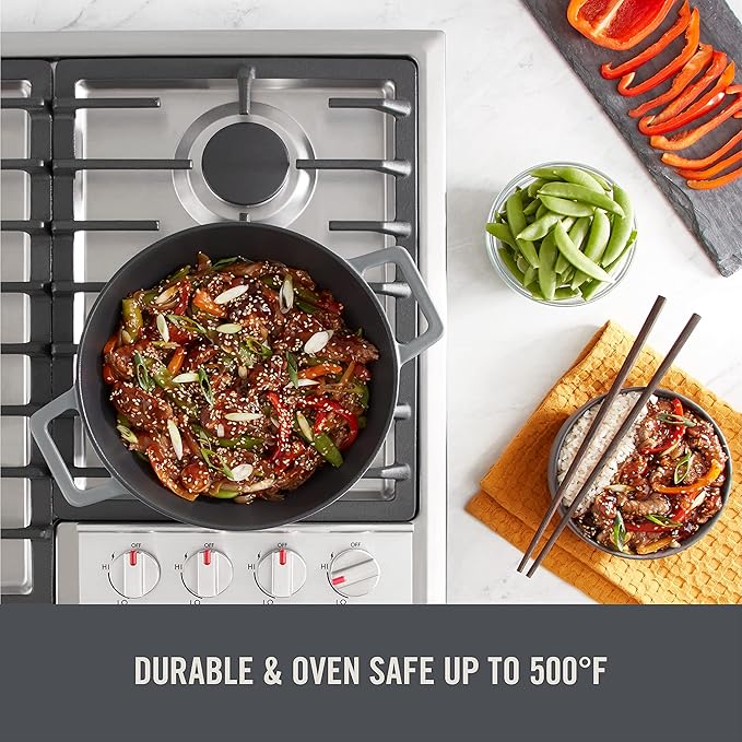 Zakarian By Dash 14” Nonstick Cast Iron Wok for Restaurant Quality Stir Fry, Seafood, Deep Frying, and Steaming - Grey