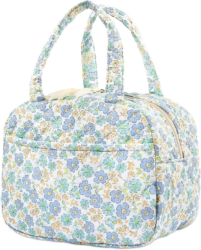Quilted Lunch Box for Women,Coquette Aesthetic Lunch Box for Teen Girls,Cute Floral Lunch Bags for Work, School,Office,Picnic,Travel (green blue floral)