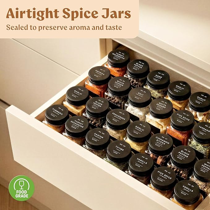 Glass Spice Jars with Label and Black Aluminium Lids (24 x 4oz) Spice Containers with 240 Labels, Shaker Inserts, Steel Funnel, Empty Square Seasoning Organizer (Black Aluminium Lid)