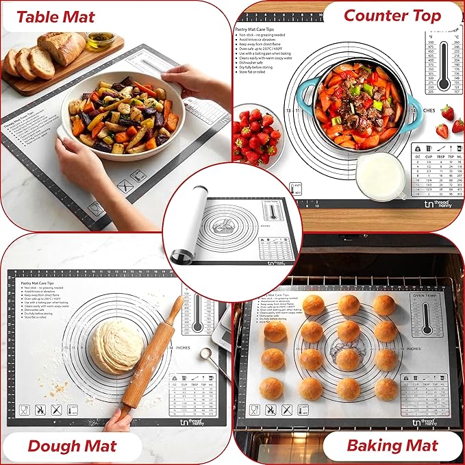 ThreadNanny Silicone Baking Pastry Mat Extra Large 28x20 - Non-Stick Non-Slip Rolling Mat for Dough with Measurements - Bread, Pizza, Pie Crust, Cookies, Fondant - Oven Safe, Dishwasher Safe (Grey)