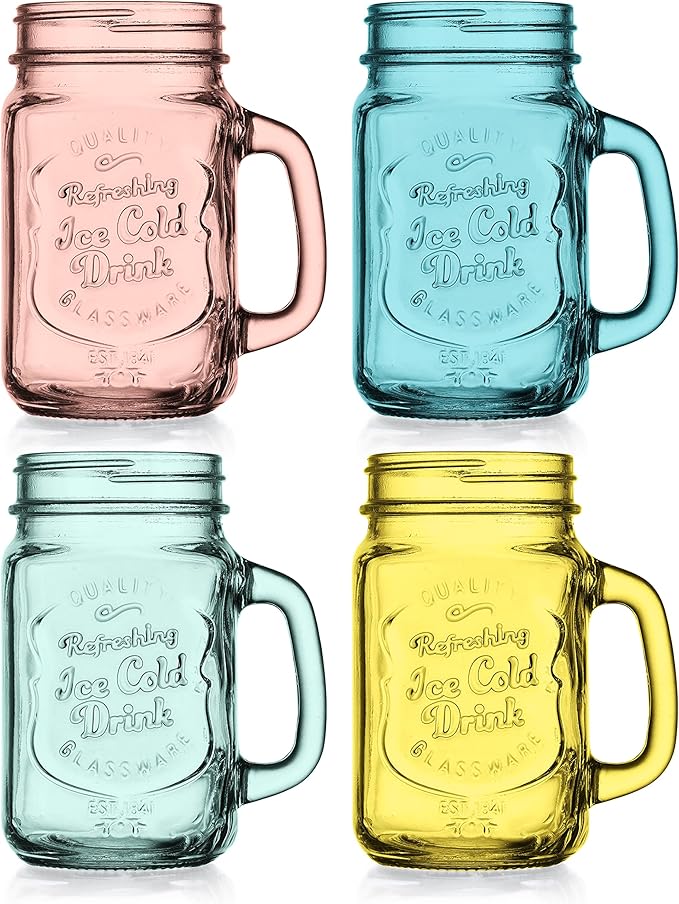 Glaver's Mason Jar Drinking Glasses Set Of 4, 15 oz. Colored Mugs With Embossed Ice-Cold Drinkware Logo, Glass Mason Jar Mug With Handle. For Smoothies, Cocktails, Beverages. Hand Wash