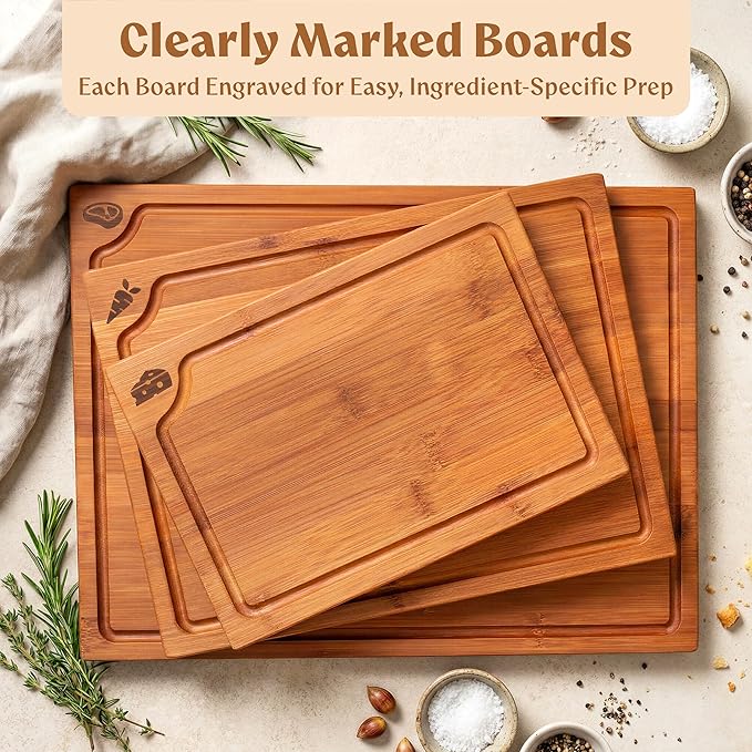Carbonized Bamboo Cutting Boards – Cutting Board Set of 3 Heat Treated for Rich Color & Lower Moisture Absorption, Chopping Boards with Juice Groove, Non-Toxic, FSC Certified incl. Stand