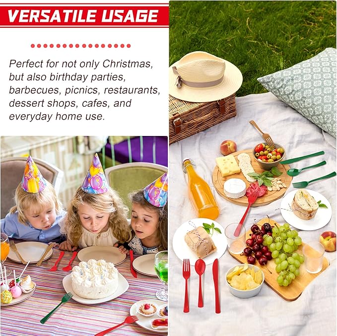 Kochorie 300 Pieces Christmas Plastic Silverware Heavy Duty Plastic Cutlery Set Heavyweight Disposable Flatware Includes Christmas Spoons Forks Knifes for Christmas New Year Party