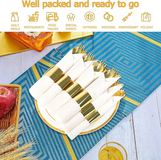 75 Pack Pre Rolled Gold Plastic Silverware Set,Wrapped Plastic Cutlery Set with Napkin Include 75 Forks,75 Spoons,75 Knives and 75 White Napkins for Party, Wedding,Birthday,Christmas