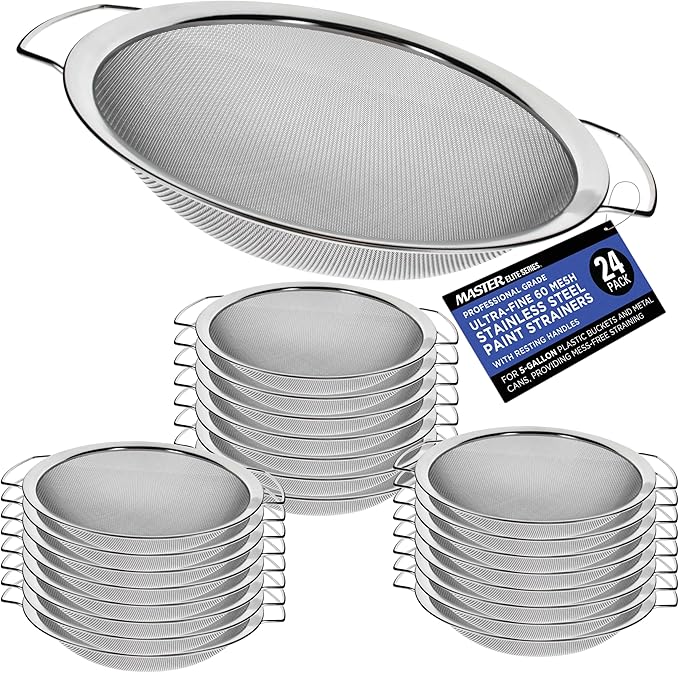 Master Elite 60 Mesh Stainless Steel Paint Strainer, 24 Pack - Fits Over 5 Gallon Paint Bucket Cans, Strains Filters Removes Debris, Particles, Impurities from Coating and Liquids - Drain, Rinse Food