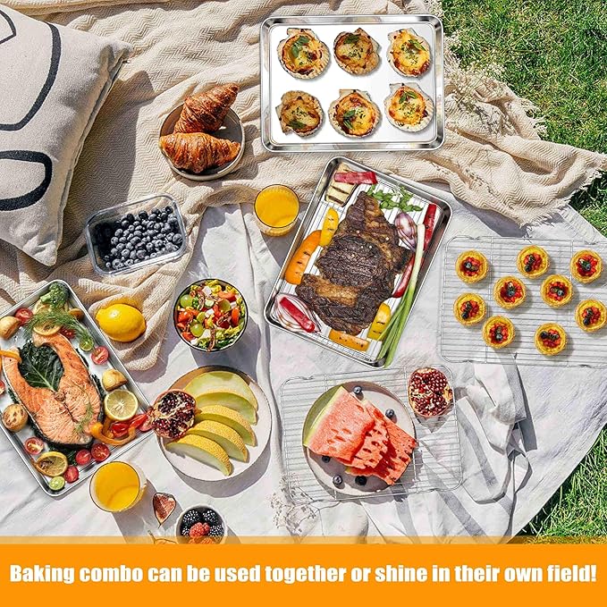 Homikit Baking Sheet with Rack Set (2 Pans+2 Racks), 20x14 Inches Large Stainless Steel Cookie Sheets & Cooling Racks Non Toxic, Big Metal Bacon Crisp Trays for Oven Baking Cooking, Dishwasher Safe