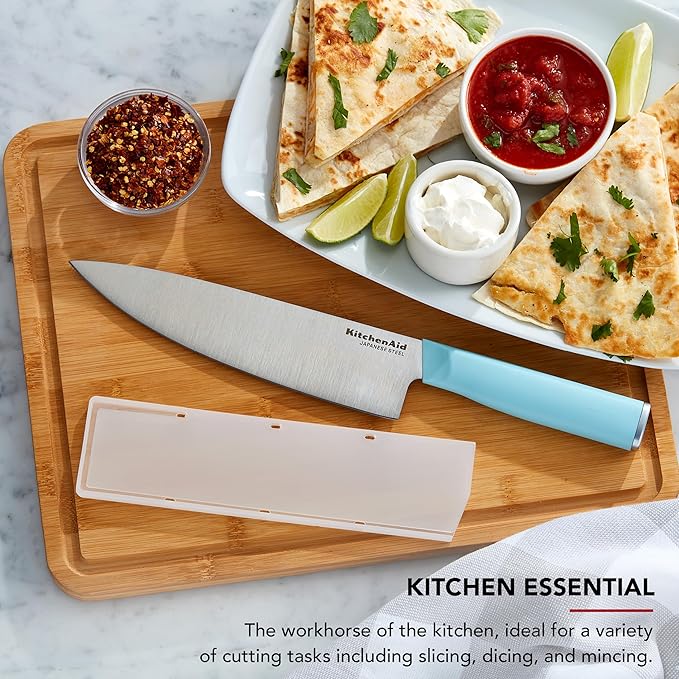 KitchenAid Classic Chef Knife with Custom-Fit Blade Cover, Sharp Kitchen Knife, High-Carbon Japanese Stainless Steel Blade, 8 Inch, Blue