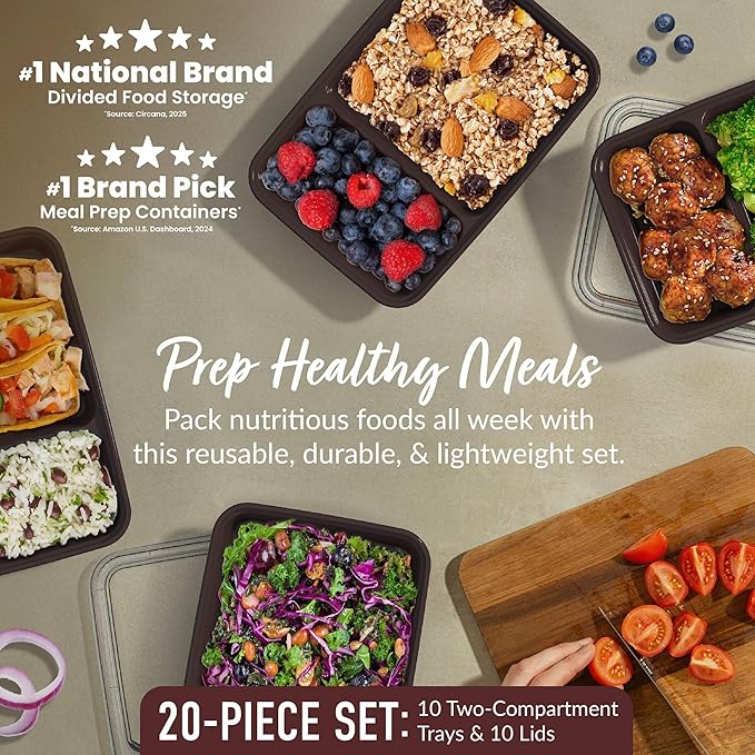 Bentgo Prep - 20-Piece 2-Compartment Reusable Meal Prep Containers with Lids, PFAS & BPA Free Materials, Durable, Microwave, Freezer, & Dishwasher Safe To Go Food Storage (Burgundy)