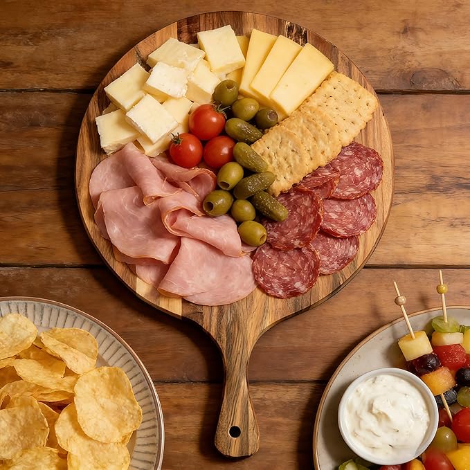 Acacia Wood Round Cutting Board with Handle -16" x 12" Large Charcuterie Board, Wooden Chopping Board for Kitchen, Pizza, Meat & Cheese Serving Tray, Decorative Butcher Block
