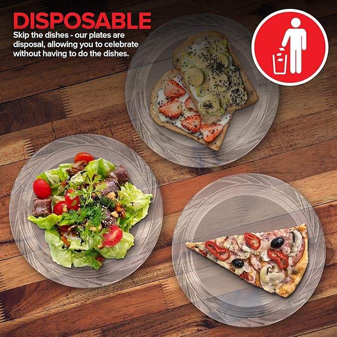 Stock Your Home 240-Count, 7 Inch Clear Plastic Plates, Flexible, Disposable Heavy Duty Party Dinner Plate, for Wedding Reception, Holiday Parties, Cake, Dessert, Appetizers, Salad, Medium Size