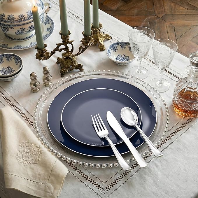 KIRE 200PCS Blue Plastic Plates with Silver Rim - Navy Blue Plastic Plates Include 100 Dinner & Dessert Plate - Heavy Duty Dark Blue Disposable Plate for Passover/Parties/Wedding