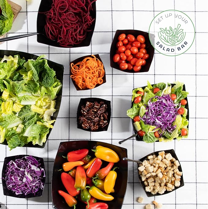 PLASTICPRO Disposable Square Serving Bowls, Party Snack or Salad Bowl, Plastic Black Pack of 4, 8 OUNCE, Black