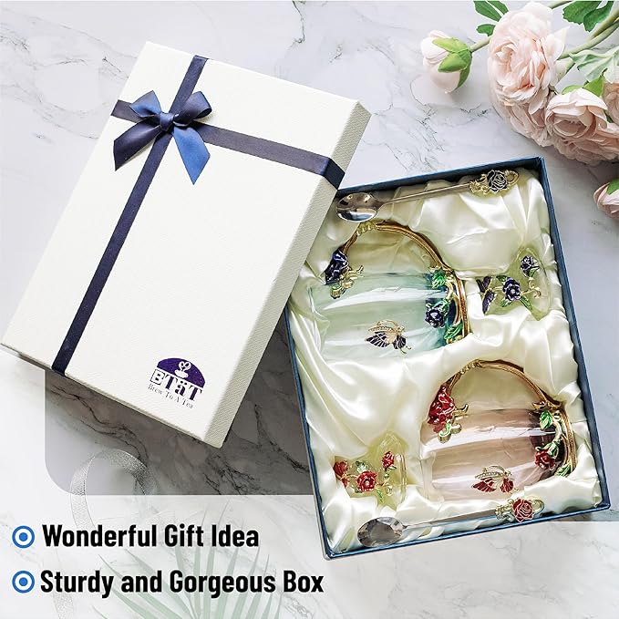 BTaT- Floral Glass Tea Cups with Lids, Pack of 2, Flower Tea Cups, Flower Glass Mug