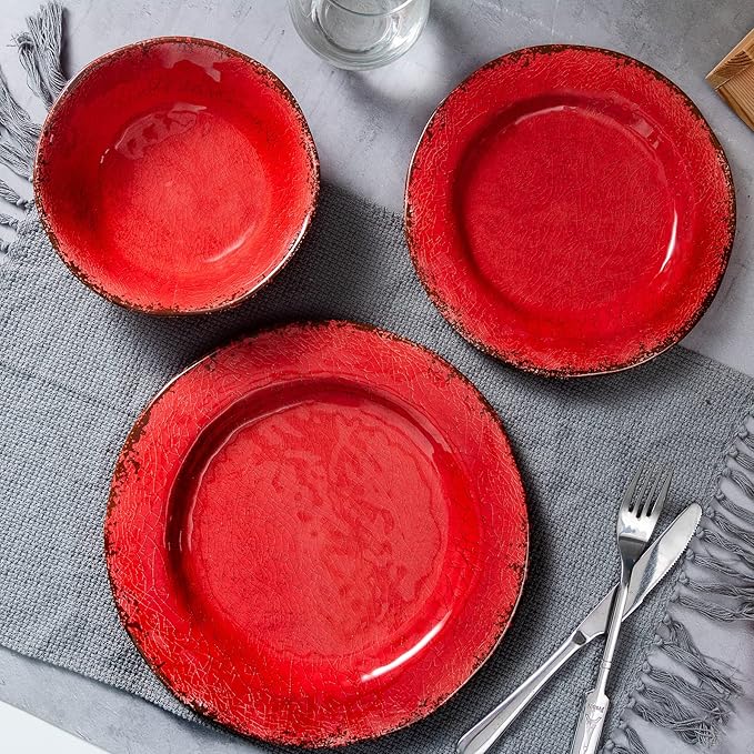 LEHAHA Farmhouse Plates and bowls set, 12 Piece Christmas Melamine Dinnerware Sets for 4,Lightweight and Unbreakable Dishes Set,Perfect for Indoor and Outdoor and Picnic use. Red