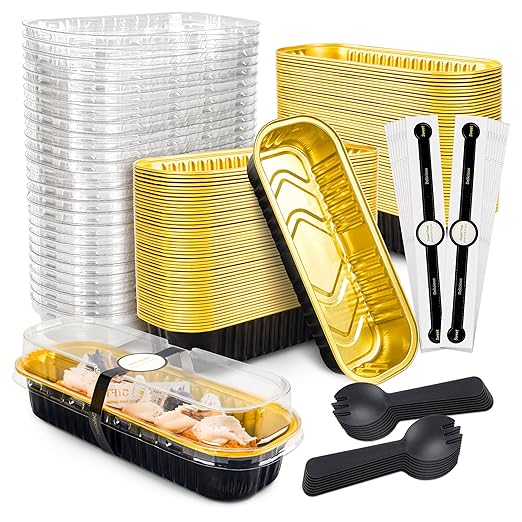 100 Pack Mini Cake Pans with Lids and Spoons Black Gold Rectangular Aluminum Foil Baking Pans Mini Cheesecake Containers(6.8oz)