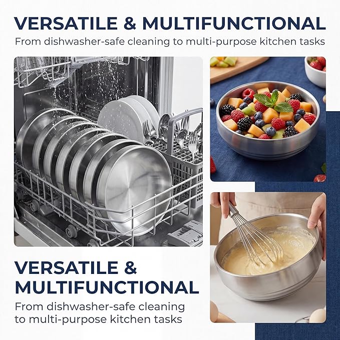 7.4" Stainless Steel Serving Bowls - 34oz Large Pasta, Ramen, Vegetable Salad, Kitchen Soup, Mixing Bowls for Cooking Baking - Silver, Dishwasher Safe