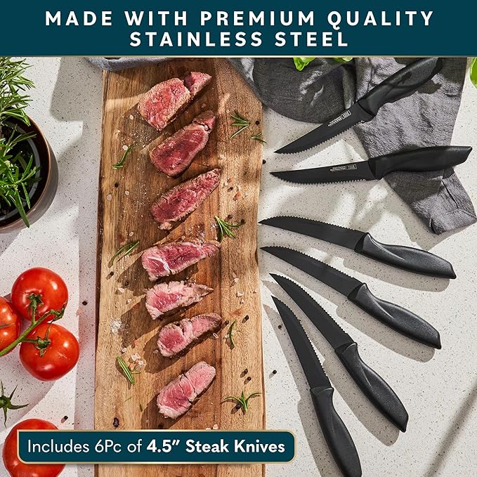 Home Hero Kitchen Knife Set - Wooden Knife Block Organizer - High Carbon Stainless Steel Blades - Ergonomic Handles with Built-In Sharpener & Kitchen Scissors - 16 Pcs, Acrylic Black