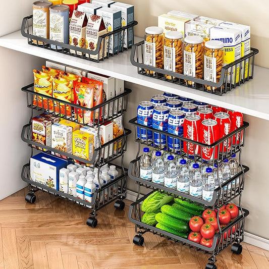 3-Tier Rolling Pantry Organizer and Storage Cart with Wheels – Stackable Wire Snack Cart for Kitchen, Pantry Shelves and Storage Rack for Fruit, Vegetables, Onion, Potato (1 Pack)
