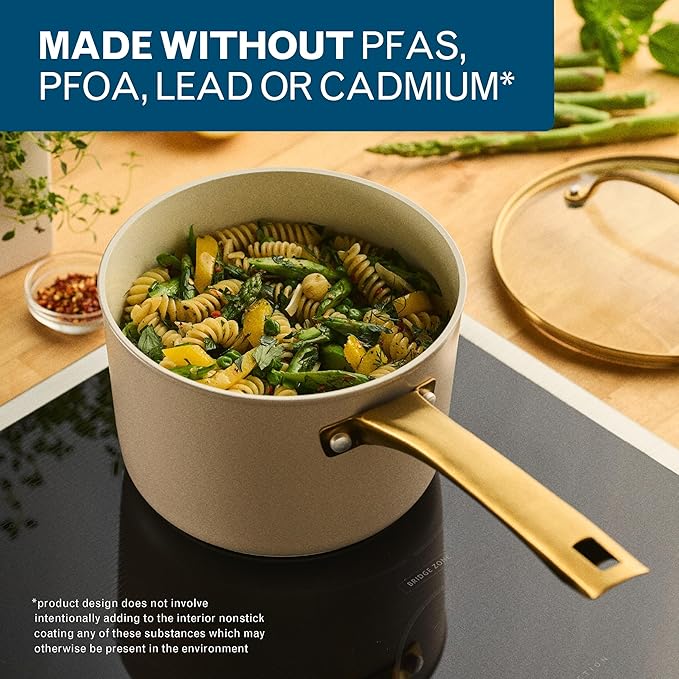 Farberware Forged Induction Ceramic Nonstick Sauce Pan/Soup Pot, Dishwasher Safe, Gold Color Stainless Steel Handle, 3 Quart - Taupe